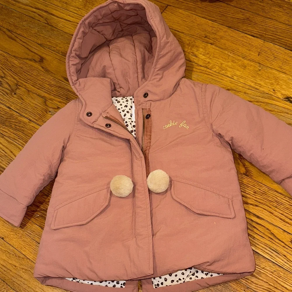 Zara kids mauve pink padded parka animal print lined puffer 9-12 monts winter